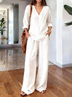 Women's Casual Long-sleeve V-neck Pullover & Pants Set – Washed Cotton (available In Multiple Colors)
