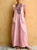 Bohemian Floral Print Comfortable Cotton-linen Jumpsuit