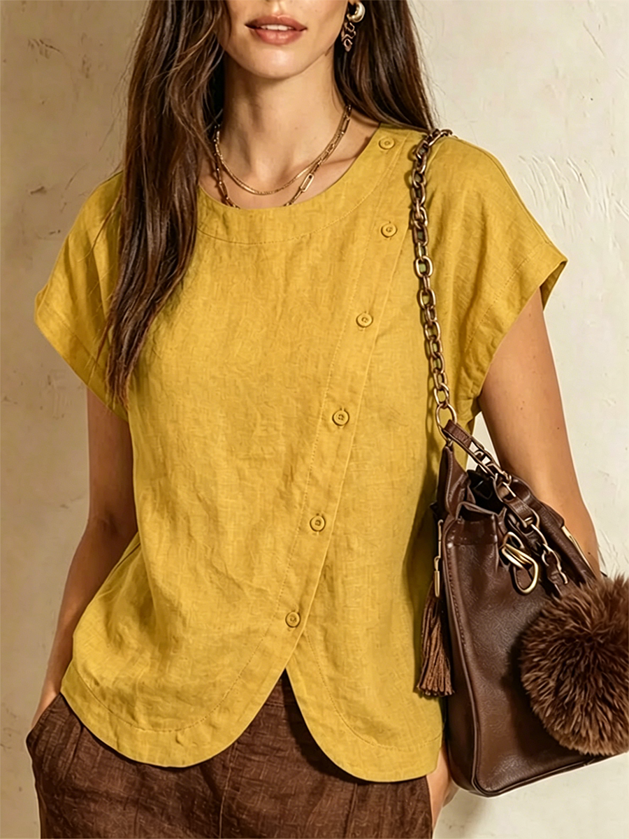 Cotton-linen Top Featuring A Round Neck, Diagonal Button Closure, Overlapping Asymmetrical Hem, And Cap Sleeves