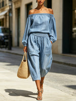 Women's Off-the-shoulder Art Comfortable Casual Top And Pants Denim Two-piece Set