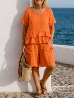 Loose-fitting Cotton-linen Two-piece Set (short-sleeved Top And Shorts)—suitable For Lounging At Home Or Casual Outings