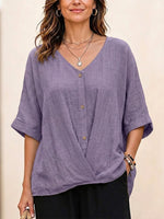 Laid-back Resort Solid V-neck Wooden Button Irregular Cross Hem Linen Shirt