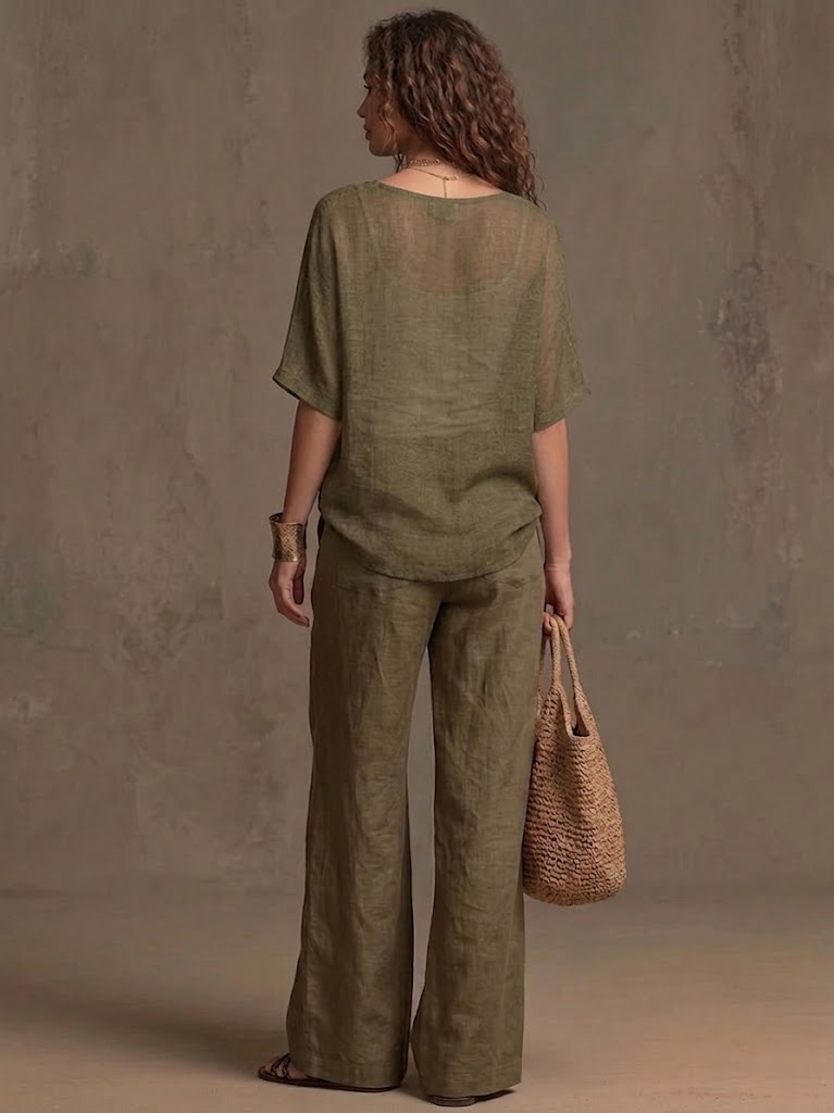 Casual Linen-cotton Two-piece Set With Cowl Neck Top And Trousers