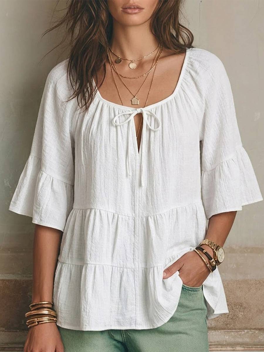 Square-neck Cotton-linen Top Featuring Front Ties, Cut-out Details, Tiered Ruffles, And Three-quarter Length Flared Sleeves