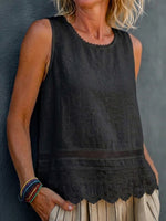 Sleeveless T-shirt With A Stylish Lace-trimmed Round Neck—a Casual, Slimming Top