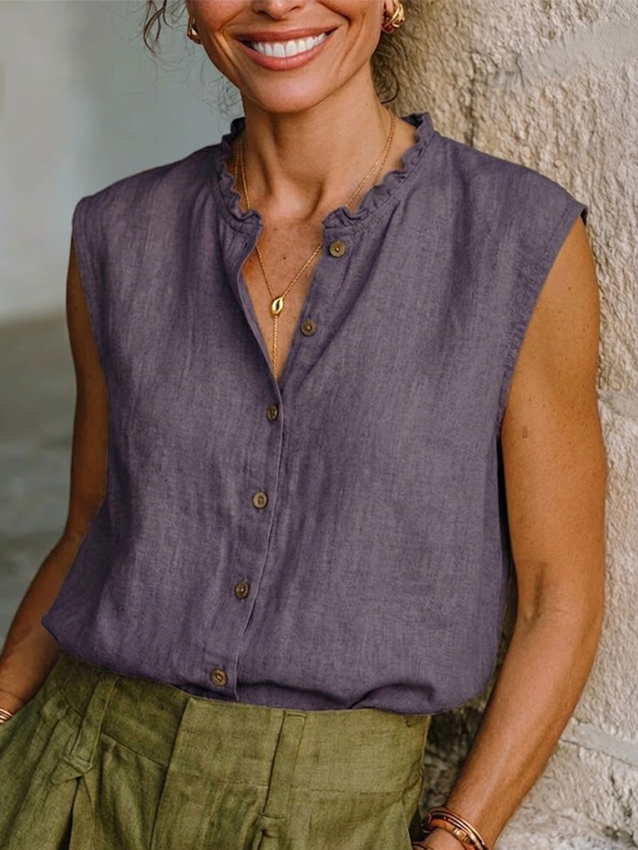 Women's Vintage Cotton-linen Sleeveless Blouse – Casual, Loose, Slimming Top With Lace Collar