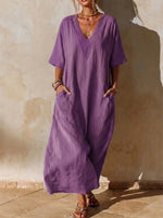 Retro-casual Resort-style V-neck Maxi Dress With Patch Pockets