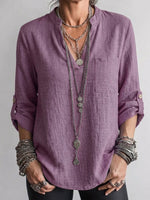 Long-sleeve Linen Top Featuring A Split Mandarin Collar, V-neck, Roll-up Sleeves, And Patch Pockets