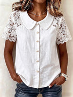 Women's Solid Color Peter Pan Collar Short-sleeve Casual Loose Cotton-linen Shirt With Lace Paneling