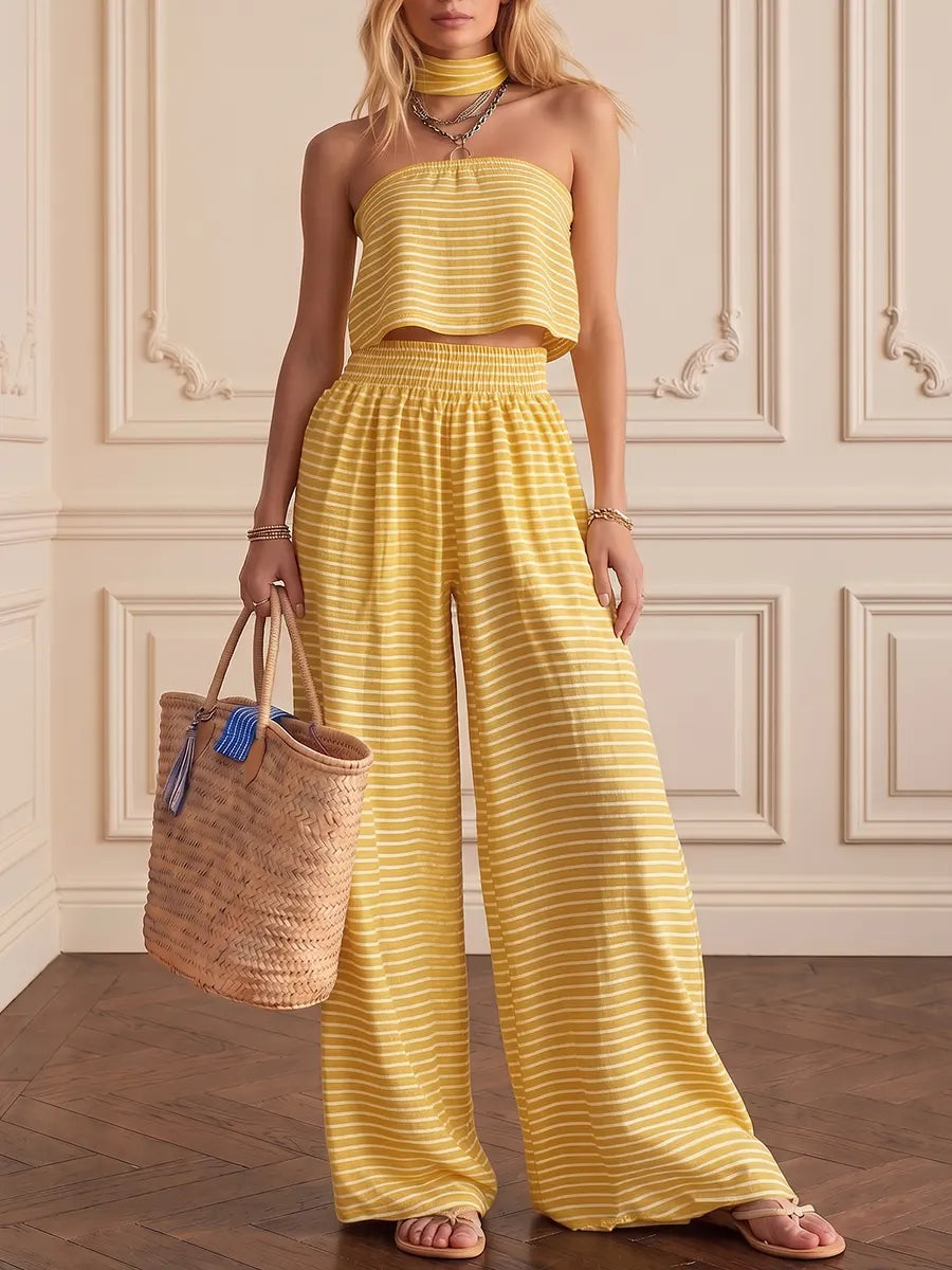 Effortless Striped Crop Top & Wide-leg Trouser Set（includes Neck Gaiter）