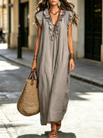 Women's Solid Color Ruffled Art Casual Fashion Cozy Cotton Linen Dress