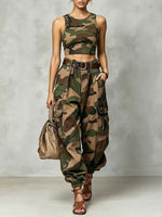 Two-piece Set Featuring A Casual Cotton-knit Camouflage Tank Top And Cotton Camouflage Cargo Pants.