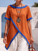 Boho-chic Cotton-linen Shirt With Contrast Trim