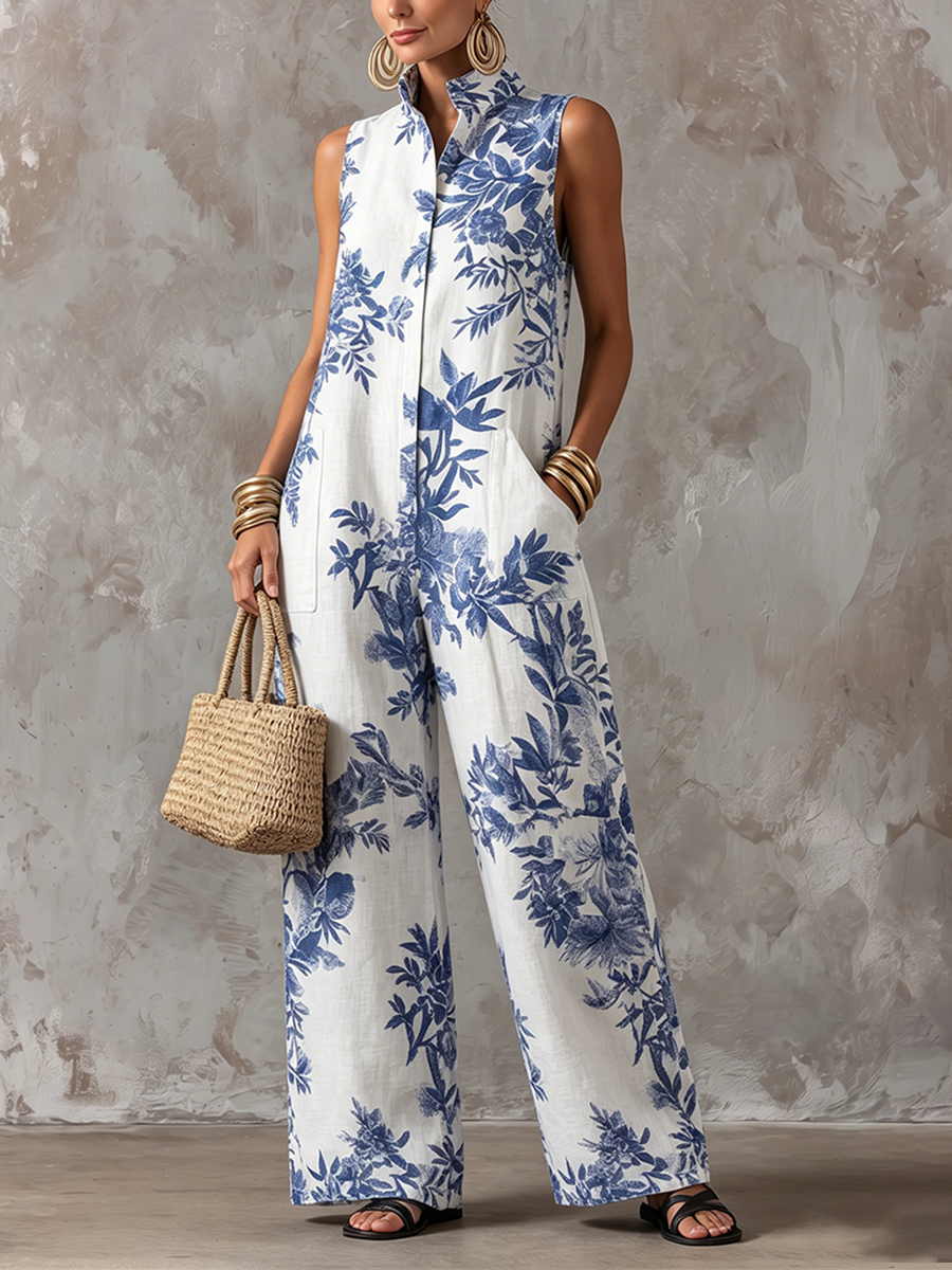 Romantic Elegant Floral-print Cotton-linen Jumpsuit