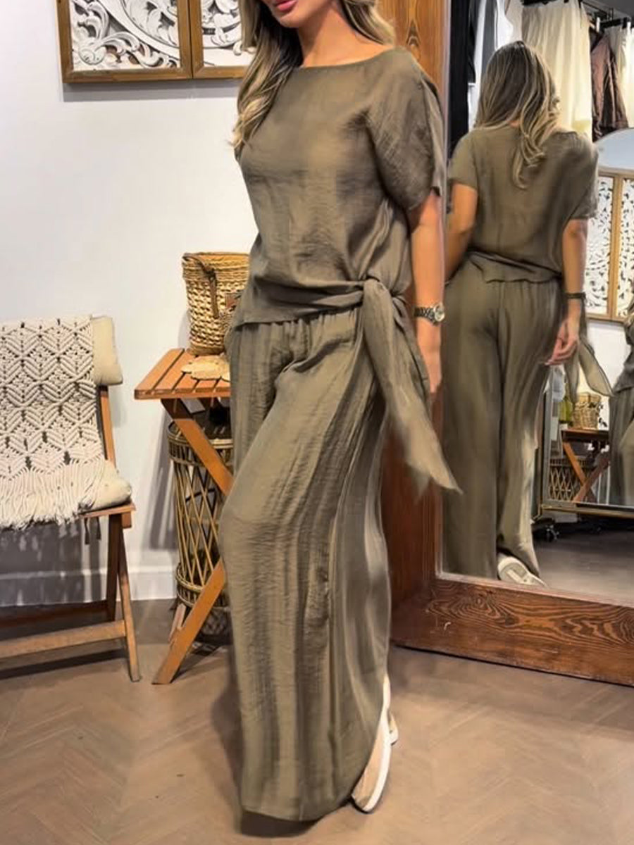 Cozy, Loose-fitting Tencel-cotton Top And Wide-leg Trousers Two-piece Set