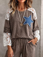 Vintage Elegant Floral Embroidered Cutout Lace Leopard Patchwork Denim T-shirt