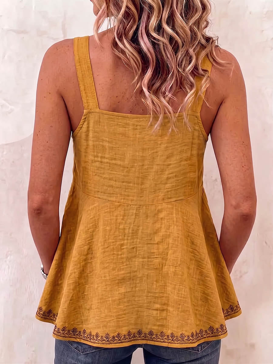 Women's Casual Loose-fit A-line Cotton-linen Sleeveless V-neck Top With Placement Print