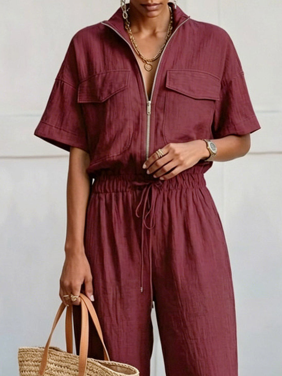 Women's Casual Loose Zip Short Sleeve Pockets Cotton Linen Jumpsuit