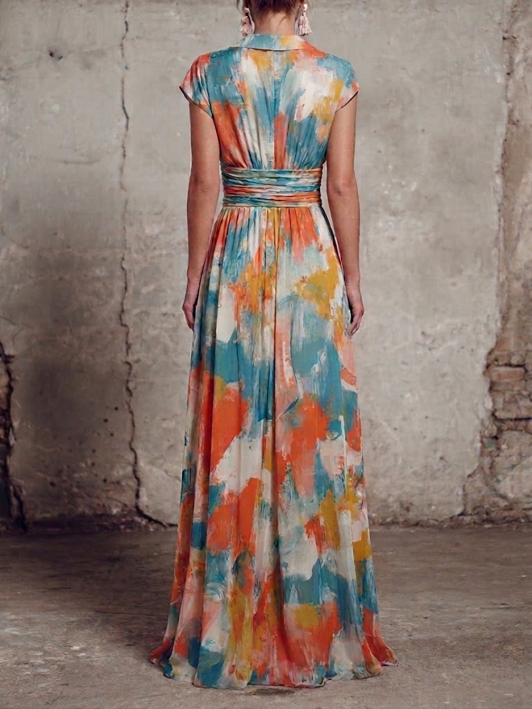 Linen-cotton Dress With Side-tie Waist And Artistic Brushstroke Print