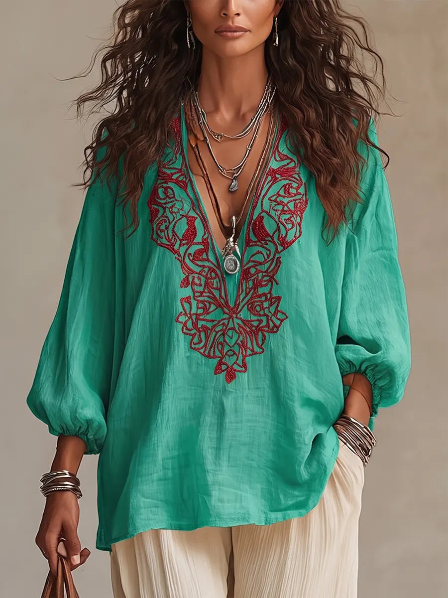 Vibrant Bohemian Embroidered Tunic – Relaxed V-Neck Blouse