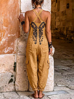 Fast Shipping (Ships in 24Hrs) Women's V-neck Sleeveless Wide-leg Jumpsuit - Casual Loose-fit Cotton-linen Print