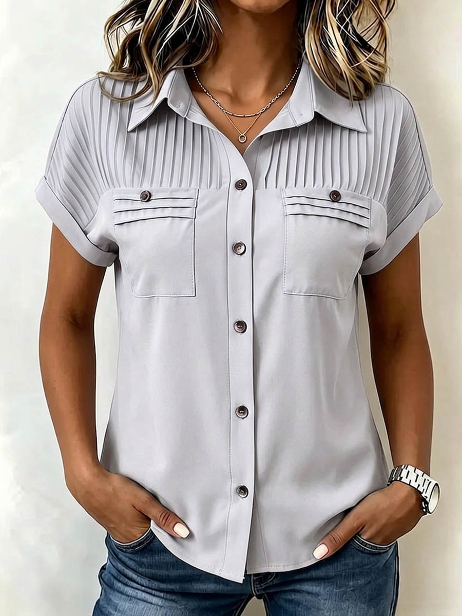 Women's Solid-color Short-sleeve Cotton-linen Shirt With Lapel, Pleated Detail, And Loose Casual Fit