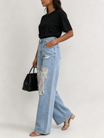 Light Blue Washed High Waist Ripped Frayed Lace Patch Wide Leg Denim Pants