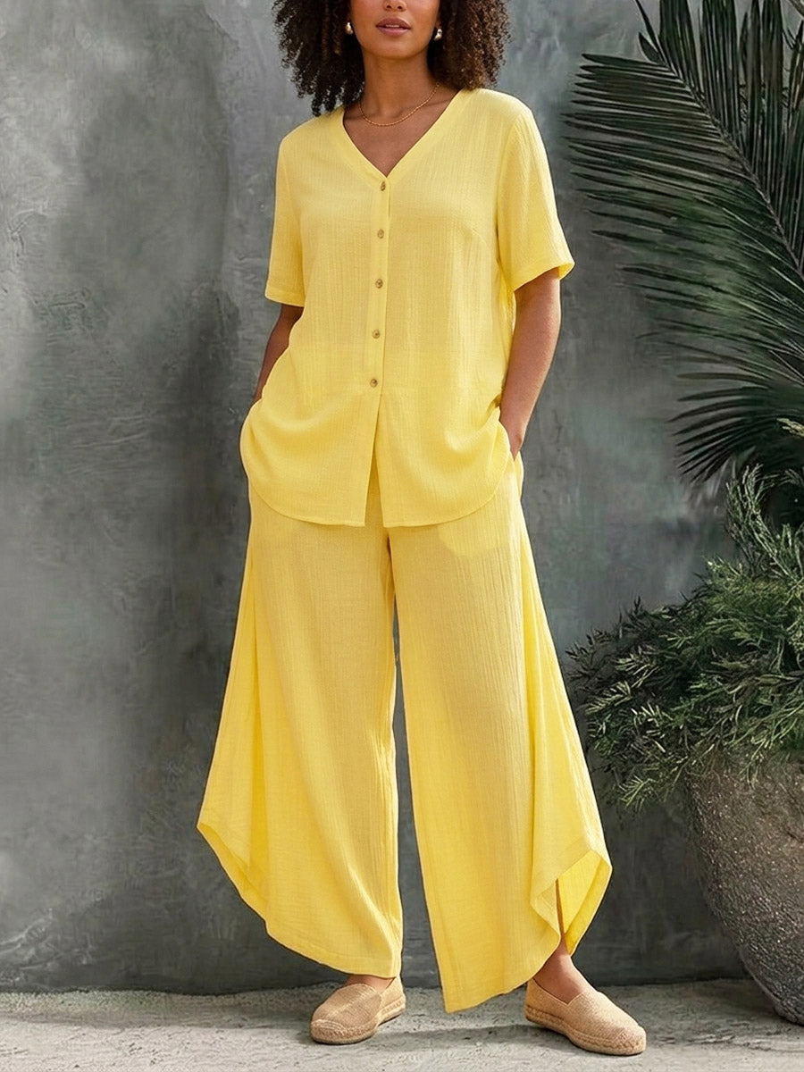 Women's Casual Stylish V-Collar Top And Pants Cotton And Linen Two-piece Set