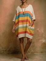 Loose-fit Casual Rainbow-striped Linen-cotton Dress