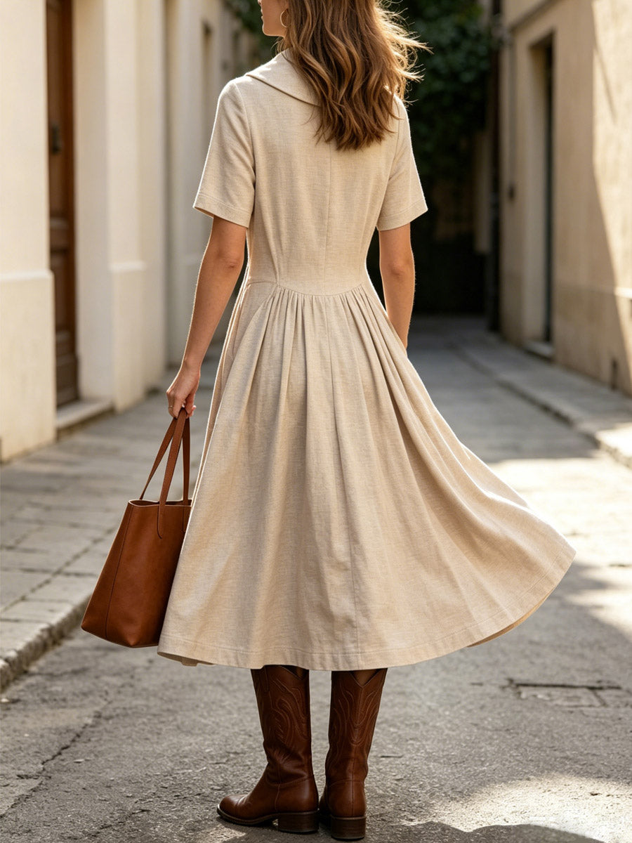 Women's Casual Stylish Lapel Short Sleeve Pockets Linen Midi Dress