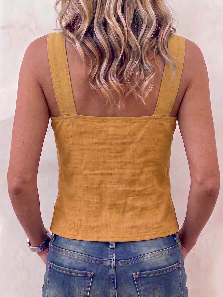 Women's Vintage Placement-print V-neck Sleeveless Casual Loose Cotton-linen Top