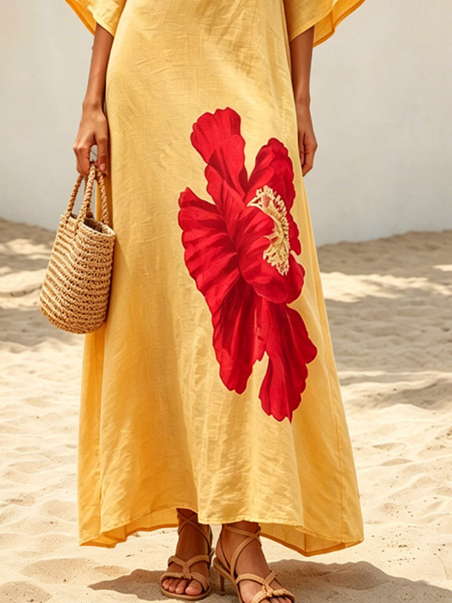 Women's Floral Pattern Art Print Stylish Casual Short Sleeve Cotton Linen Long Dress