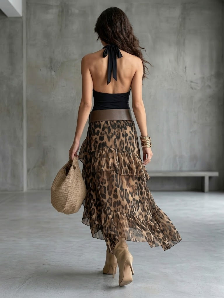 Two-piece Set Featuring A Stylish Cotton Halter-neck Sleeveless Top And A Leopard-print Ruffled Chiffon Skirt.