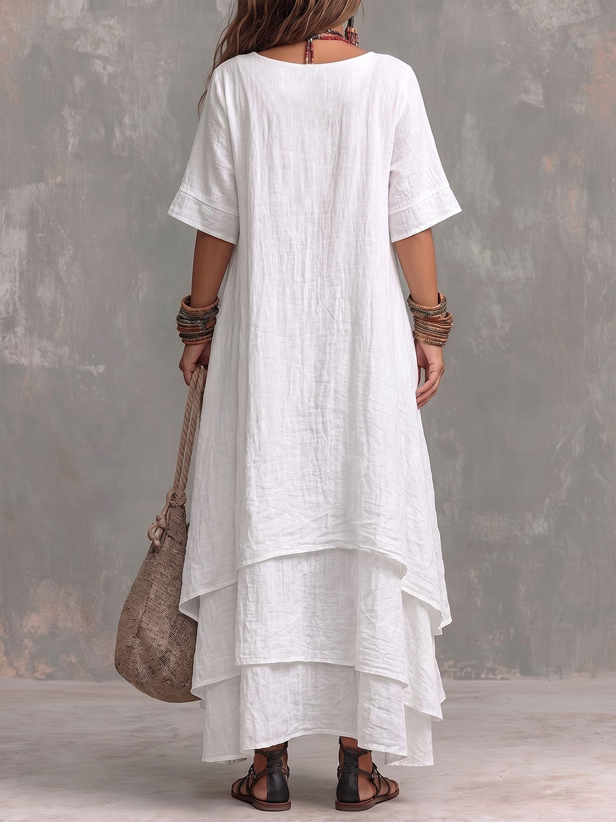 Women's Solid Color Round Neck Short Sleeve Casual Loose Cotton-linen Dress