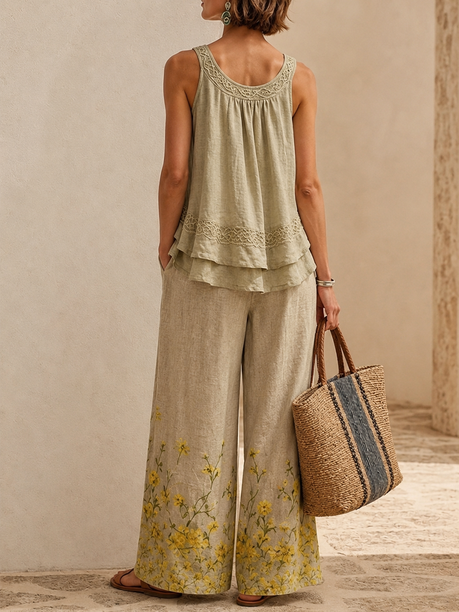 Two-piece Set Featuring A Relaxed-fit, Crinkled Linen-blend Top With Ruffled Hem And Floral Wide-leg Trousers