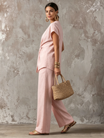 Elegant Pink Twisted-knot Top Cotton-linen Two-piece Set