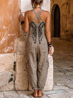 Fast Shipping (Ships in 24Hrs) Women's V-neck Sleeveless Wide-leg Jumpsuit - Casual Loose-fit Cotton-linen Print