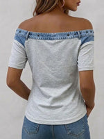 Stylish Off-shoulder Half-zip Paneled Denim Top